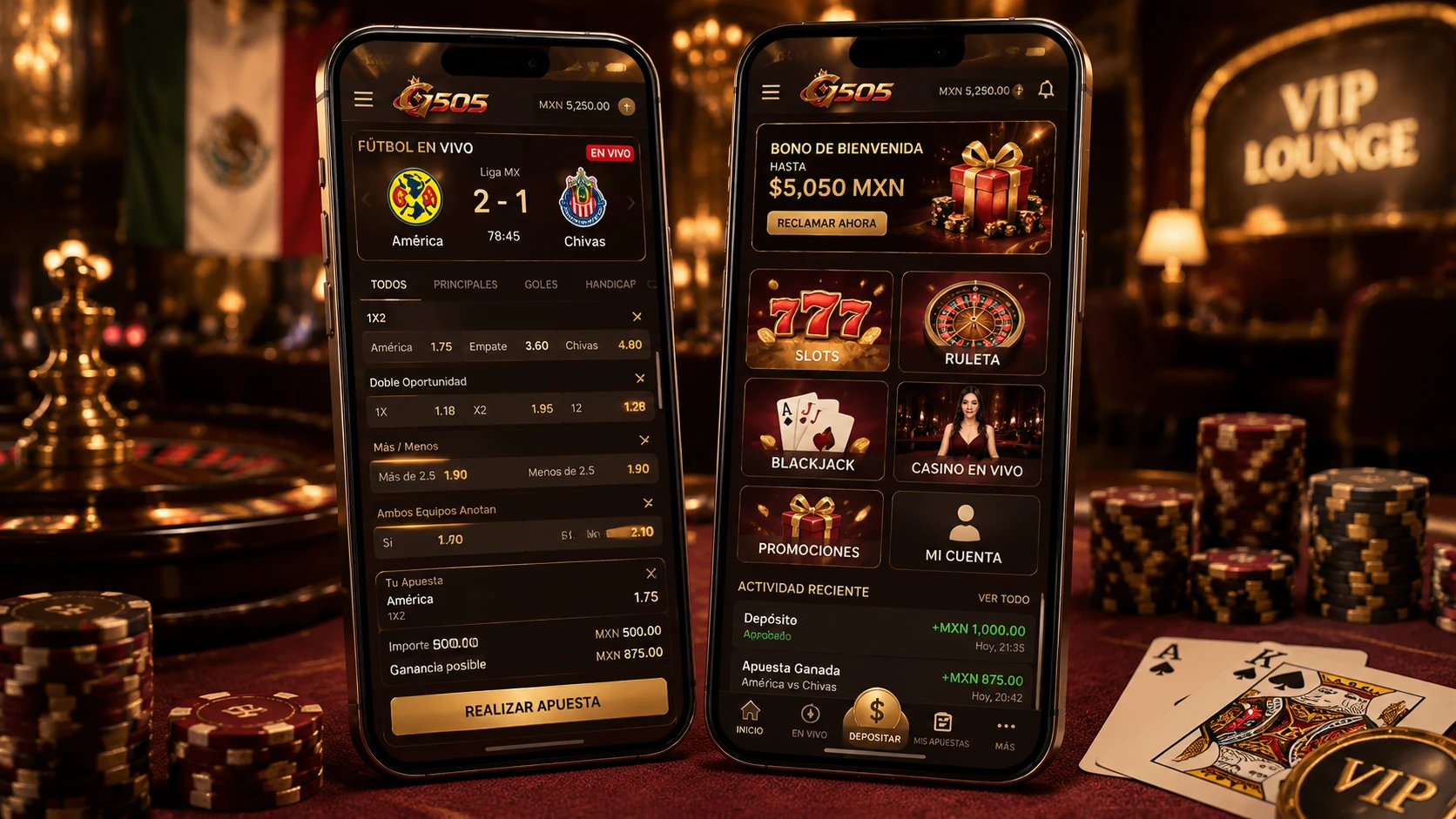Panel móvil con deportes casino promociones y movimientos